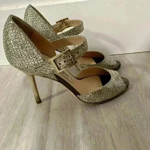 Jimmy Choo Gold Coarse Glitter Peep Toe Ankle Strap Sandals Size 35 1/2 - Picture 5 of 16